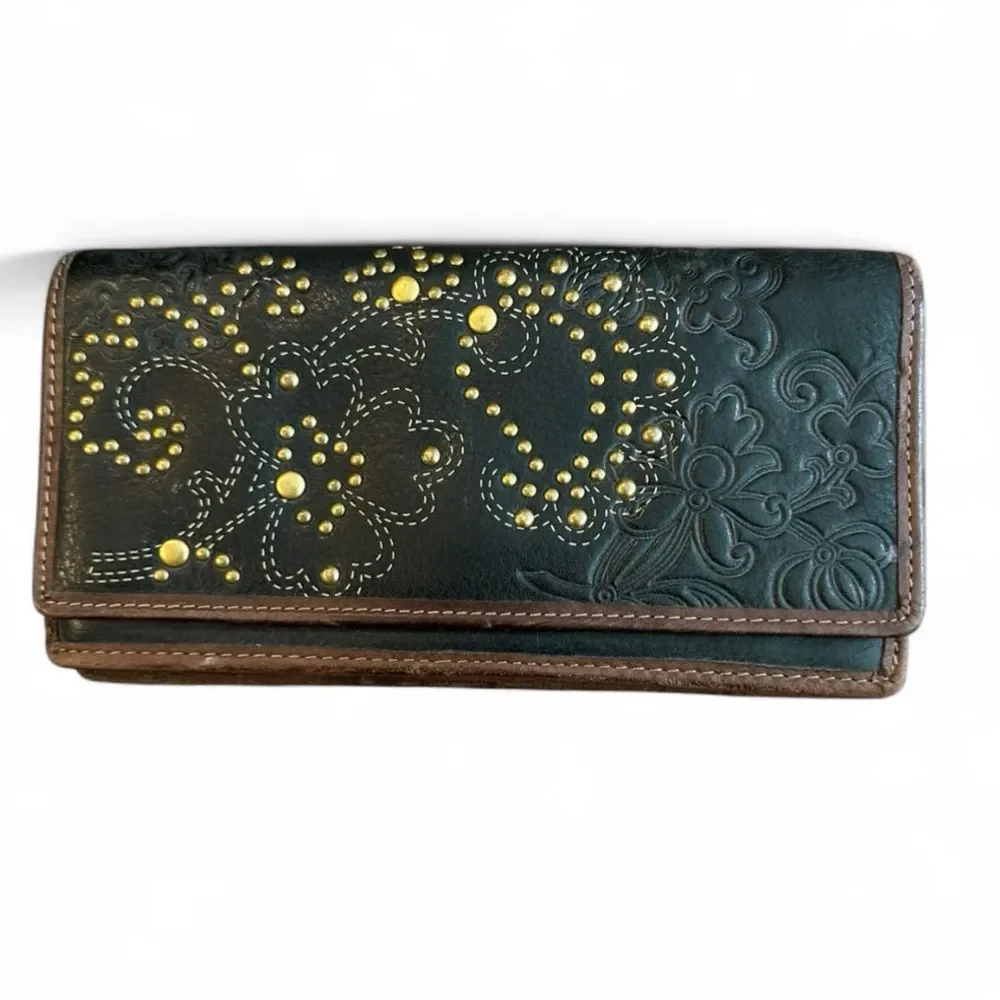 Fossil Studded Embroidered Black & Brown Leather Wallet